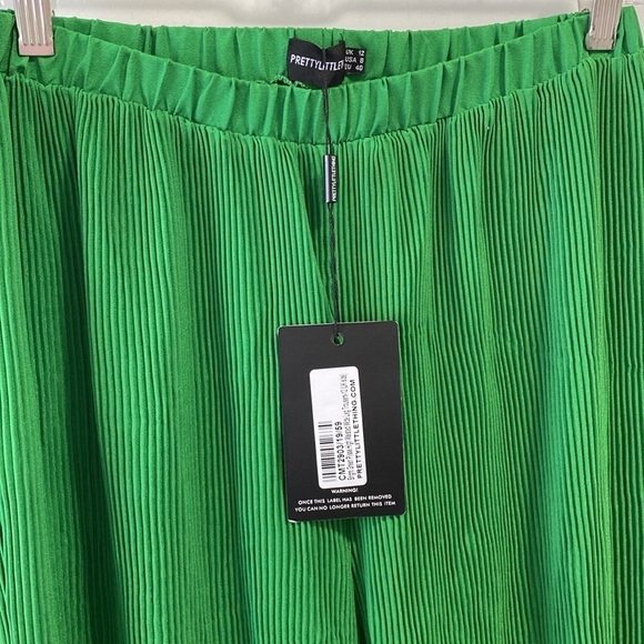 🚨PrettyLittleThing Wide Leg Bright Green Plisse High Waisted Trousers Pants - Picture 6 of 10